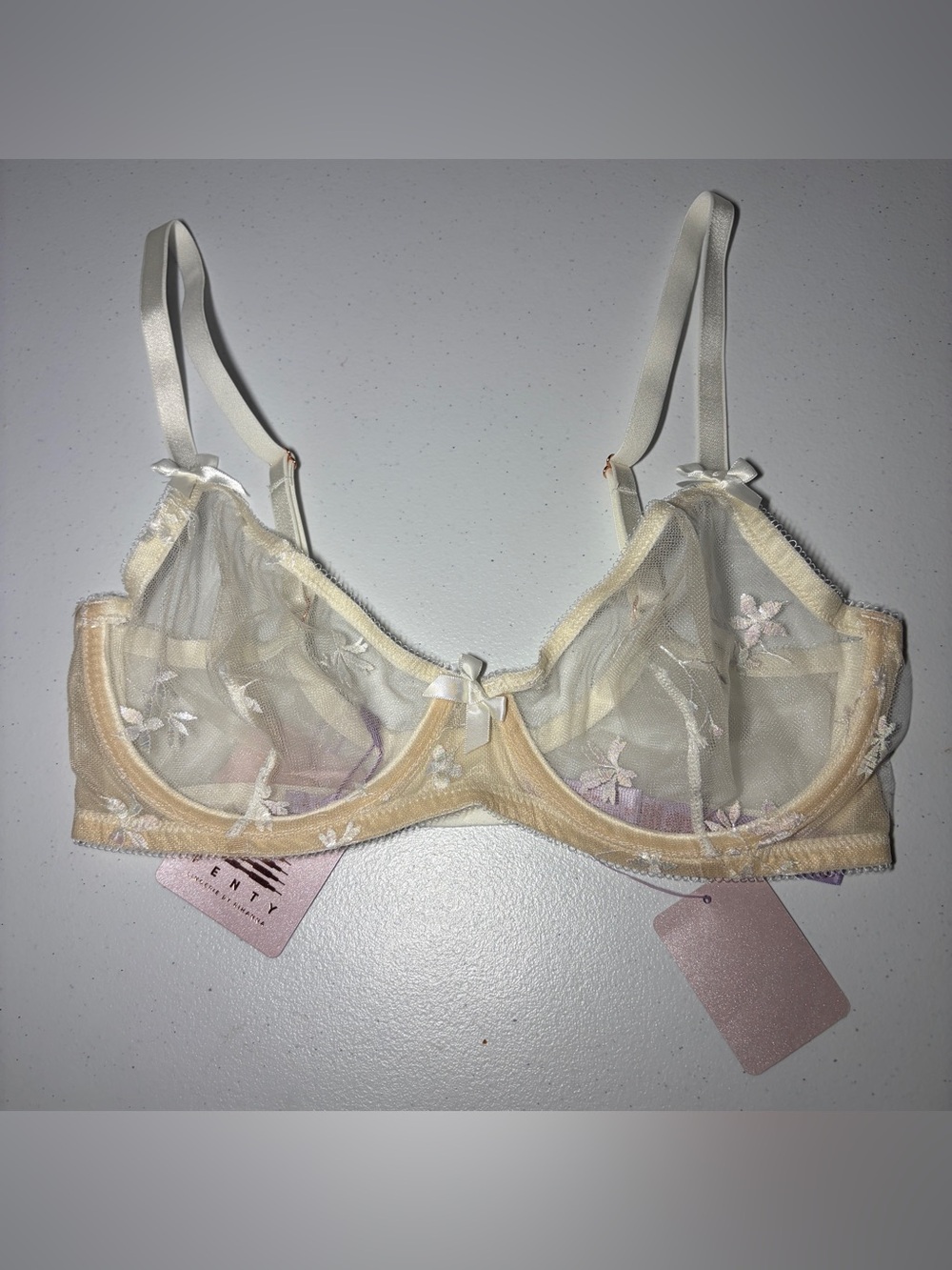 NWT Savage Fenty 34D Balconette Underwired Bra Sheer Mesh Floral Embroidered Bow